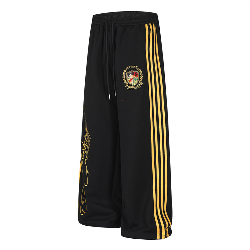 Wide-Leg Track Pants with Gold Side Stripes & Crest Embroidery