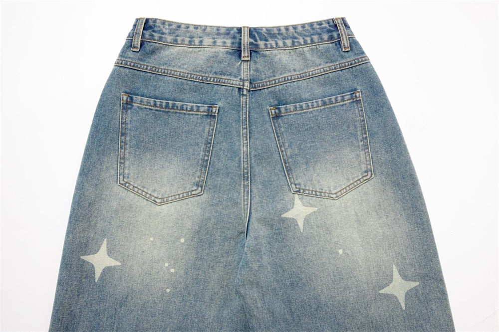Jeans Star Print Baggy Wide-Leg Men – Washed Light Blue Straight Trousers