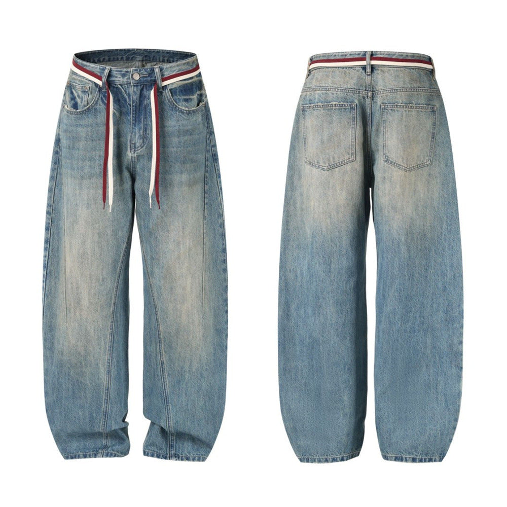 Men's vintage washed oversized barrel wide-leg jeans in faded blue with red and white drawstring waistband, front and back vi