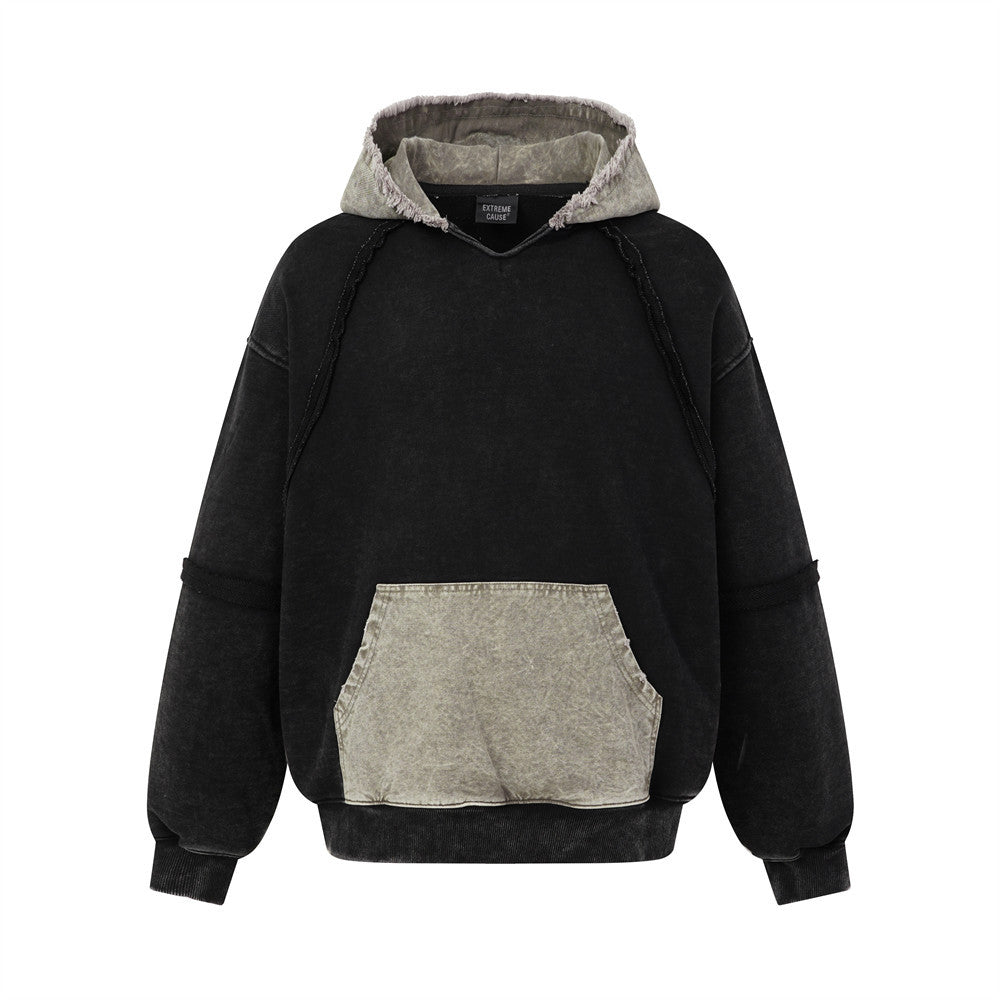 Sweat à capuche oversize pour homme à enfiler, colorblock délavé à l'acide, capuche à bords francs et poche kangourou contrastante, noir