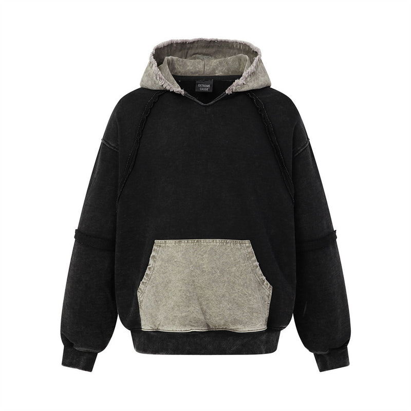 Sweat à capuche oversize pour homme à enfiler, colorblock délavé à l'acide, capuche à bords francs et poche kangourou contrastante, noir