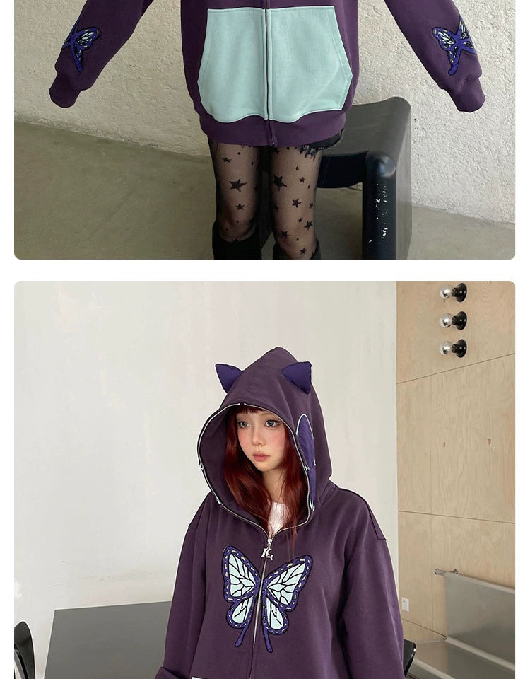 Butterfly Hoodie - 400GSM Oversized Purple and Mint Green Zip-Up Sweatshirt with Ear Design