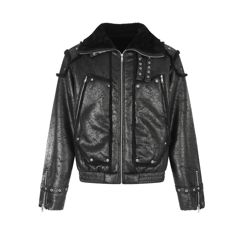 Black Faux Leather Bomber Jacket with Shearling Lining & Moto Hardware