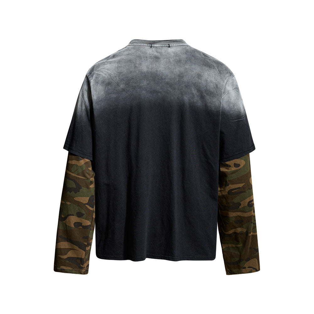 Faux Two-Piece Layered Long Sleeve Graphic Tee – Acid Wash & Camo Print