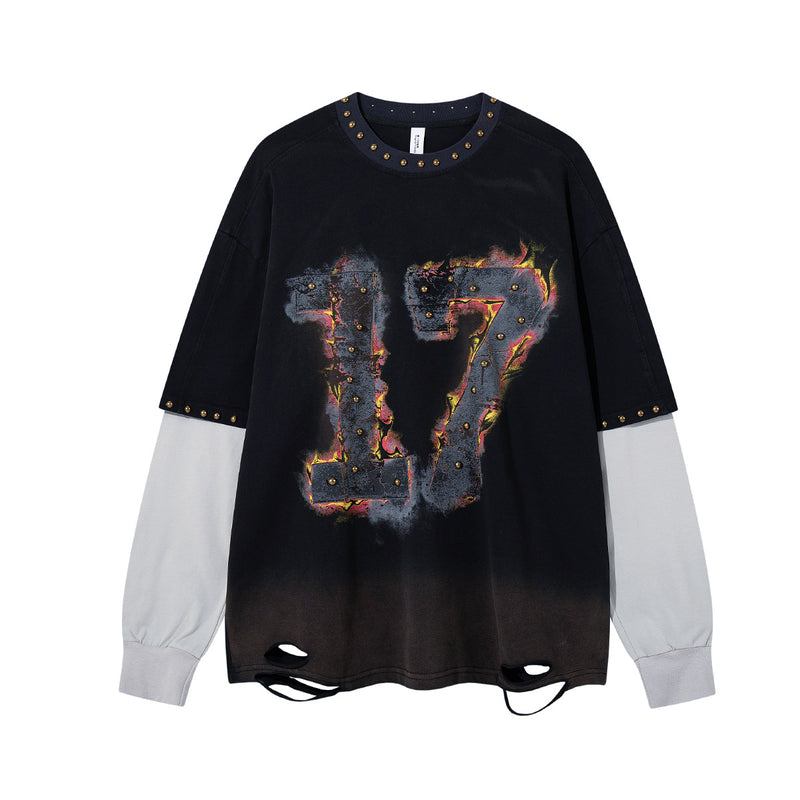 T-shirt manches longues effet superposé Flame 17 – Bas délavé, clous