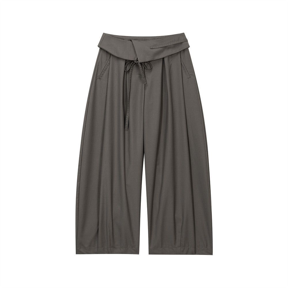 Wide-leg pleated trousers with fold-over waistband and drawstring in olive grey