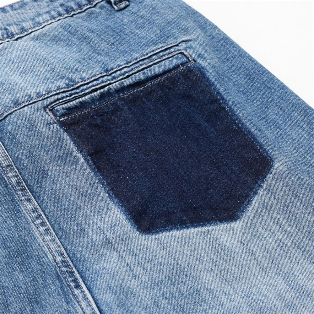 Wide-Leg Baggy Jeans – Washed Blue Curved Seam Design with Contrast Pocket