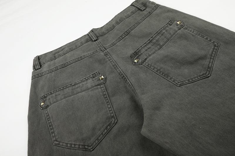 Wide-Leg Studded Denim Pants – Relaxed Fit Vintage American Street Style