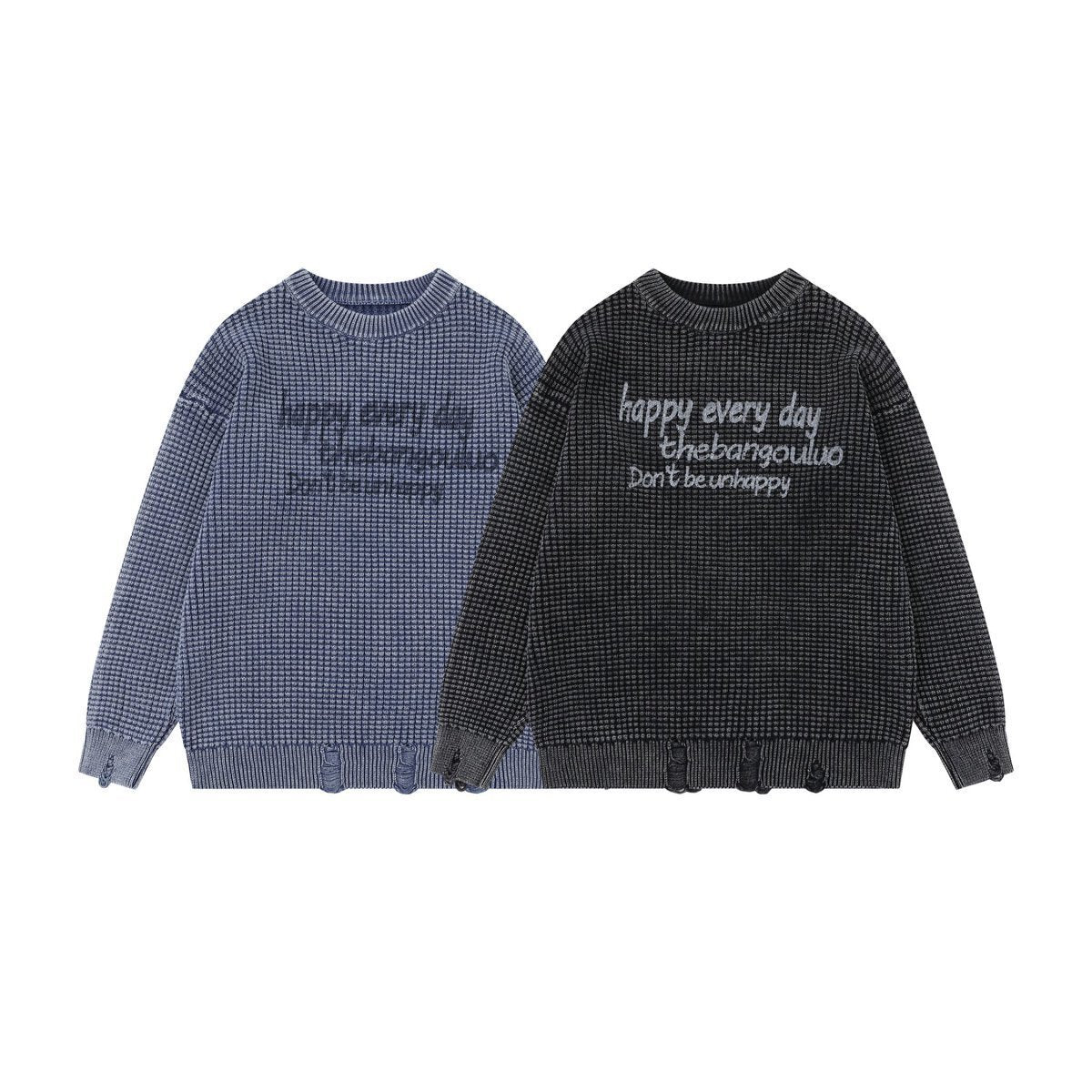 Men's Washed Distressed Waffle Knit Sweater with Graphic Lettering