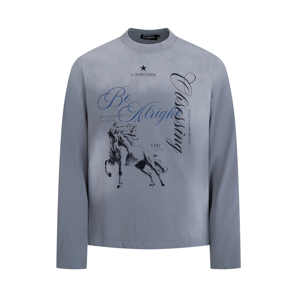 Galloping Horse Graphic Long-Sleeve T-Shirt — Vintage Washed Mock-Neck