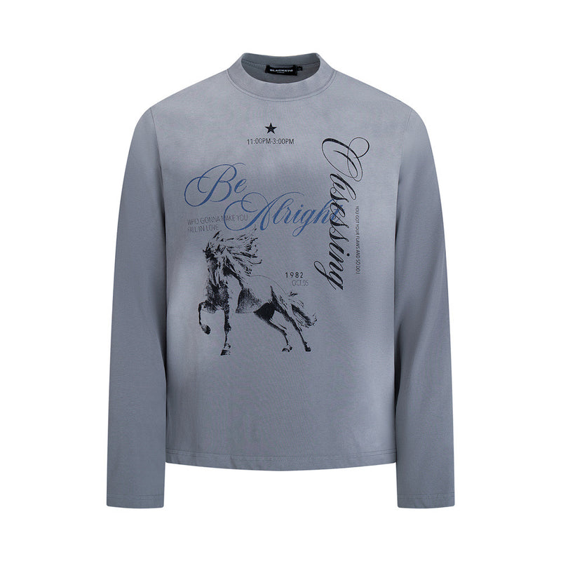 Galloping Horse Graphic Long-Sleeve T-Shirt — Vintage Washed Mock-Neck