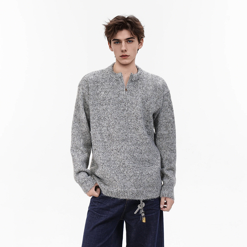 Pull à enfiler pour homme à demi-zip et coupe décontractée, en maille gris clair chinée, vue de face