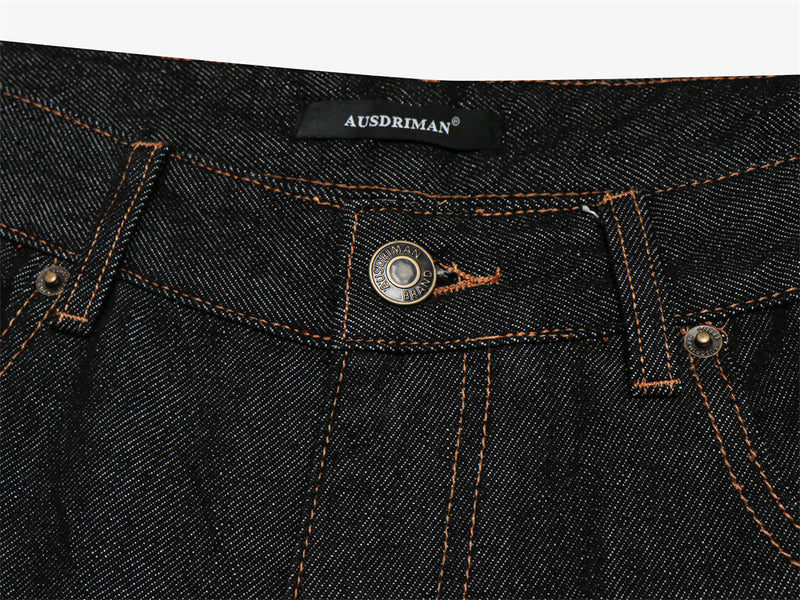 Men's Wide-Leg Raw Denim Jeans with Union Jack Rolled Cuffs & Studded Back