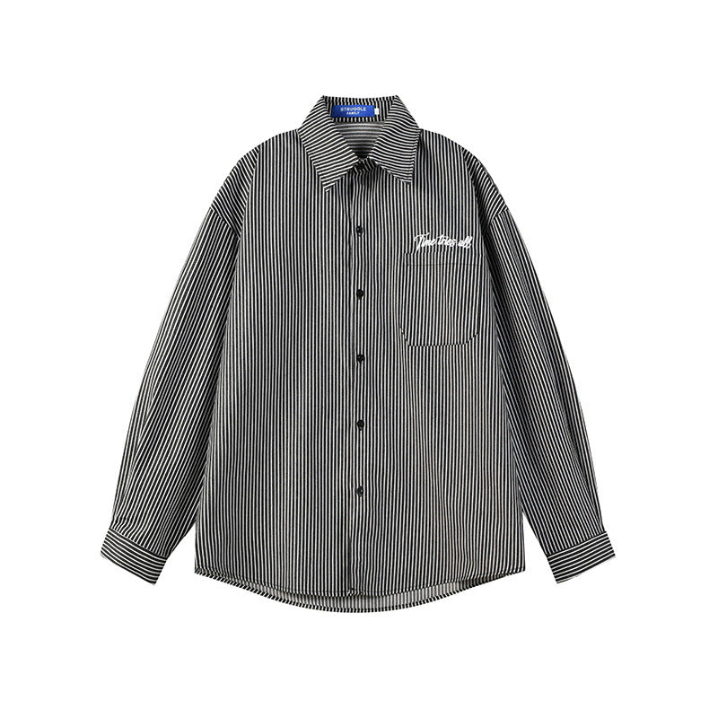 Men's Vertical Stripe Oversized Long-Sleeve Shirt with Embroidered Script