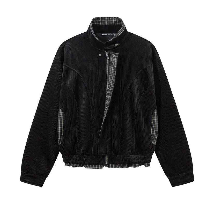 Corduroy Boxy Jacket with Plaid Contrast Lining – Retro American Style