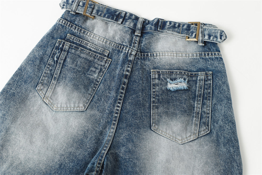 Gradient Washed Ripped Wide-Leg Jeans – Baggy Patchwork Dad Pants