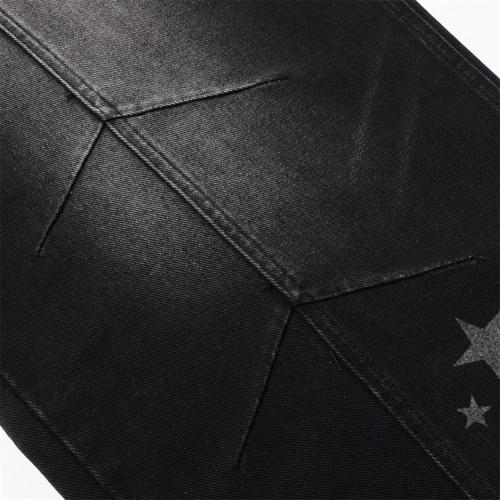 Star Print Wide-Leg Jeans – Men's Baggy Black Denim with Heart Charm