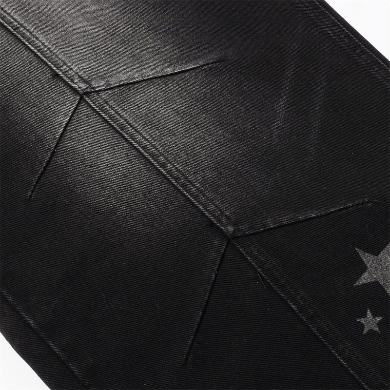 Star Print Wide-Leg Jeans – Men's Baggy Black Denim with Heart Charm