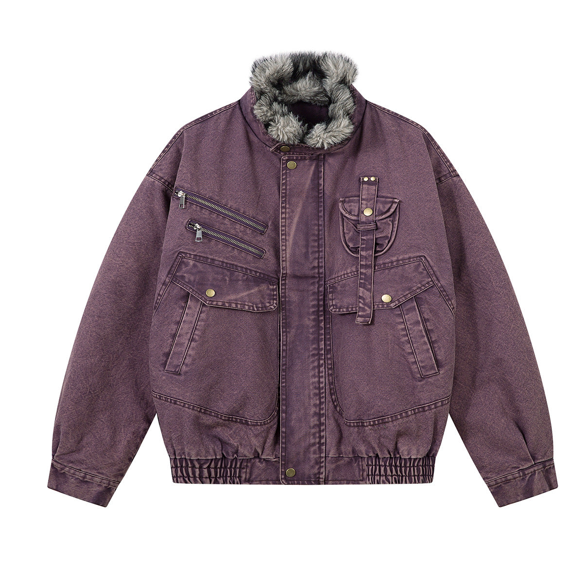 Oversized washed denim bomber jacket with faux fur stand collar, dual zip chest pockets, and cargo front pockets in washed pu