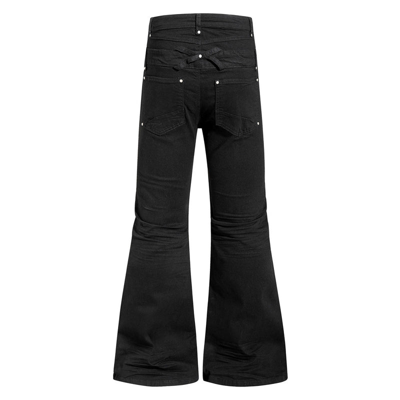 Men's Black Double Waistband Bell Bottom Flare Jeans with Diagonal Zipper