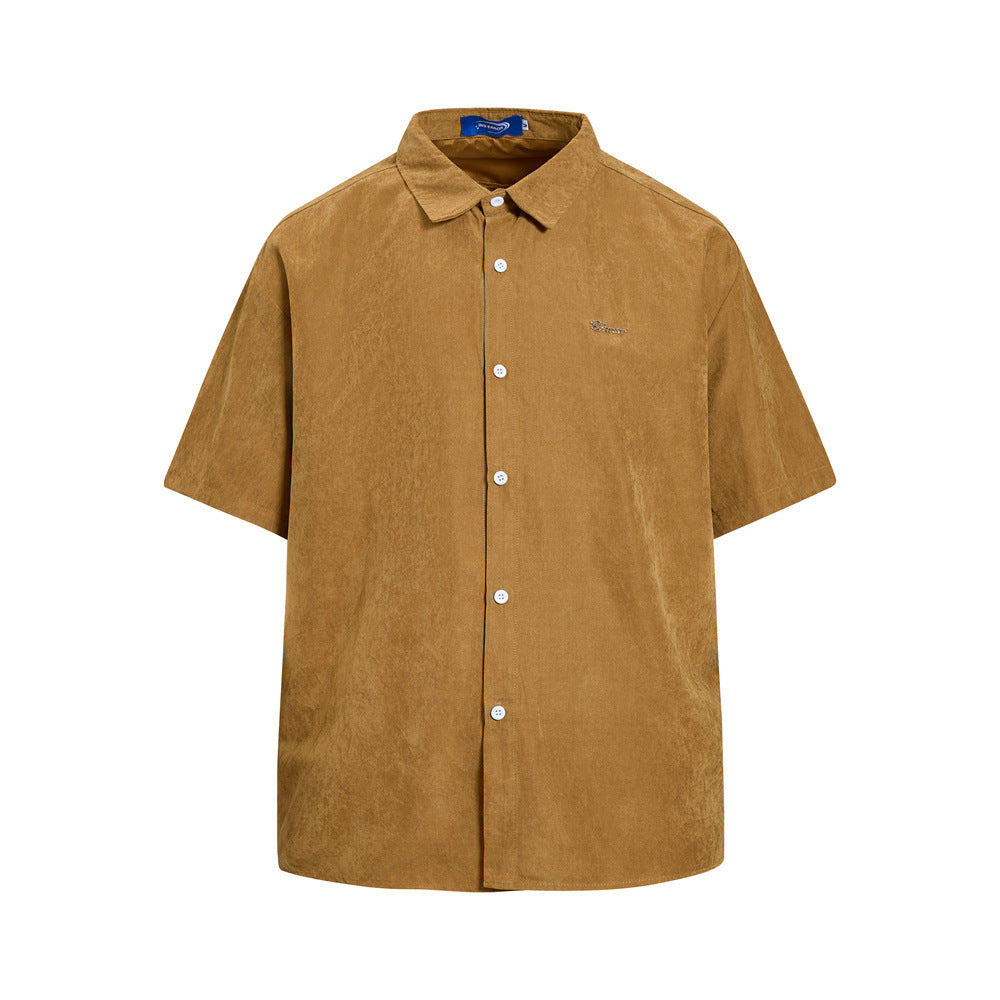 Men's Oversized Short Sleeve Button-Up Shirt – Casual Solid Suede-Texture