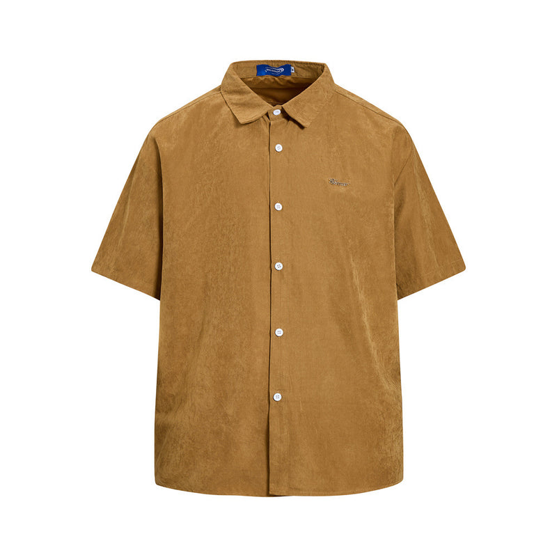 Men's Oversized Short Sleeve Button-Up Shirt – Casual Solid Suede-Texture