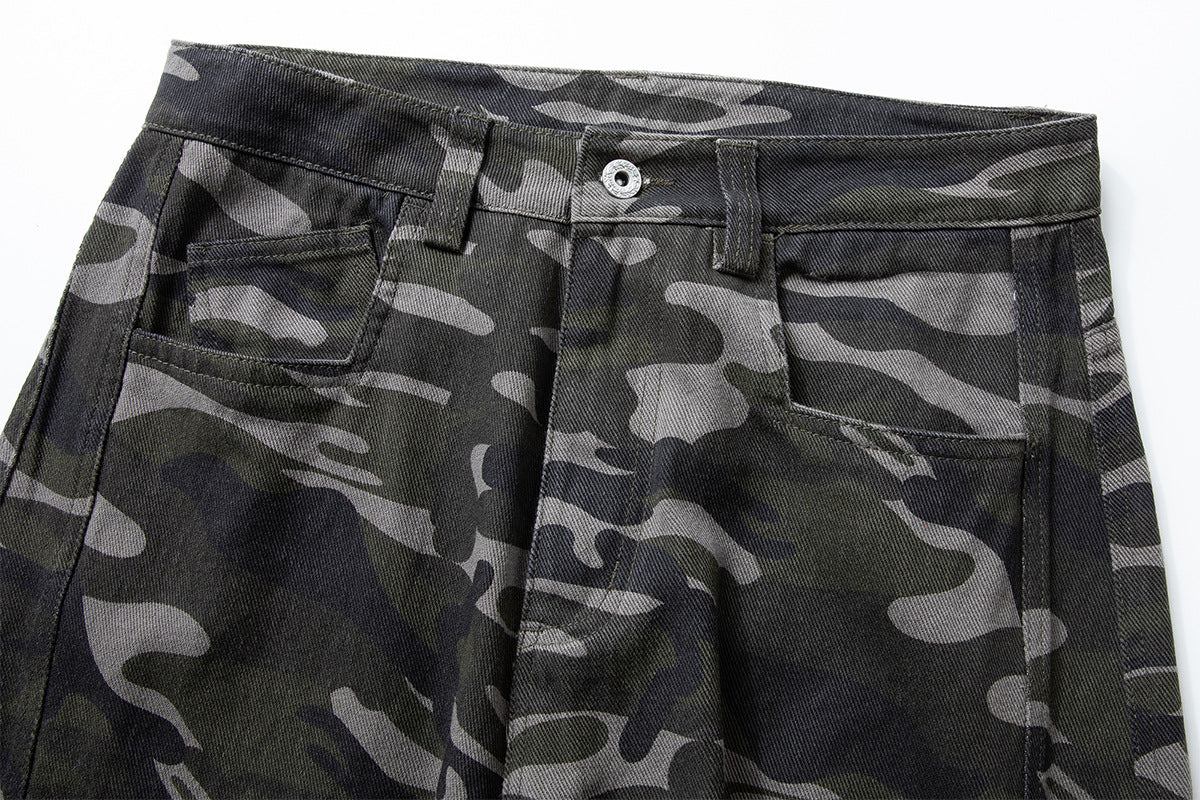 Pantalon cargo camouflage à jambes larges – Streetwear américain vintage délavé