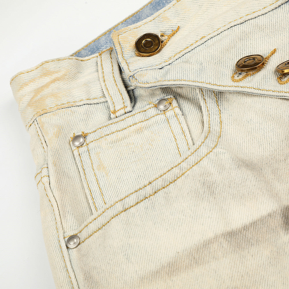 Men's Wide-Leg Distressed Jeans – Mud-Dye Washed, Diagonal Button Fly, Flare Hem