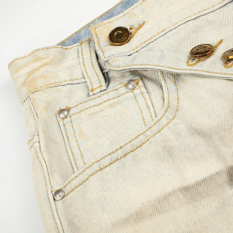 Men's Wide-Leg Distressed Jeans – Mud-Dye Washed, Diagonal Button Fly, Flare Hem