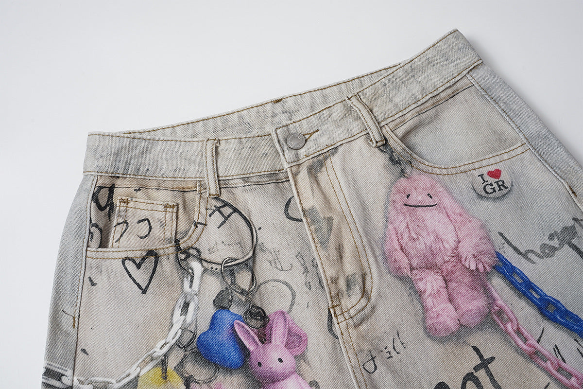 Wide-Leg-Jeans mit Graffiti-Print, Schlüsselanhänger-Anhängern und Deko-Ketten
