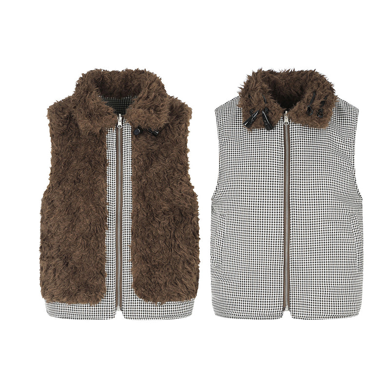Gilet réversible en polaire teddy et tissu vichy matelassé – Gilet sans manches zippé