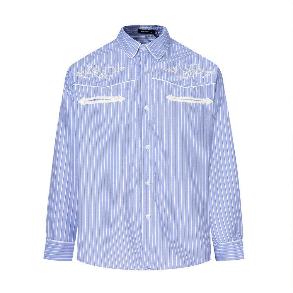 Men's Striped Long Sleeve Shirt – Oversized Western Embroidery & Dual Chest