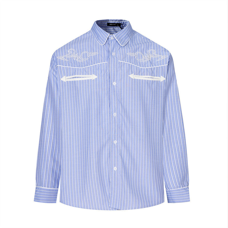 Men's Striped Long Sleeve Shirt – Oversized Western Embroidery & Dual Chest