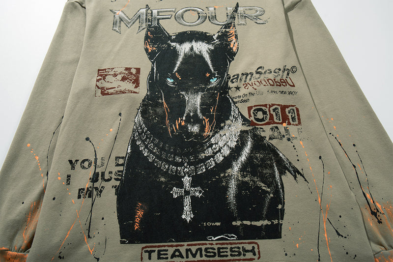 MFOUR Doberman Graphic Long Sleeve Shirt – Streetwear Paint Splatter Tee