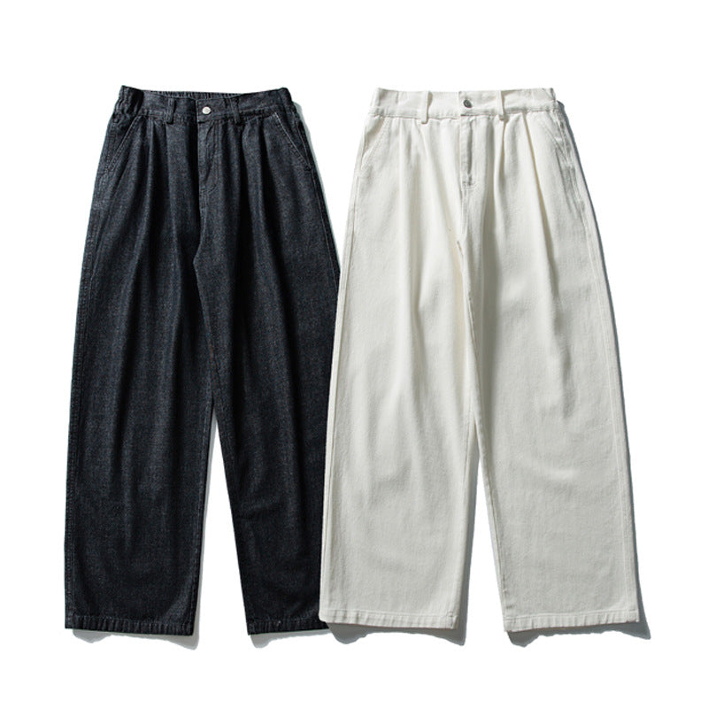 Men's wide-leg straight casual pants with front pleats in white and black, shown flat lay and on model