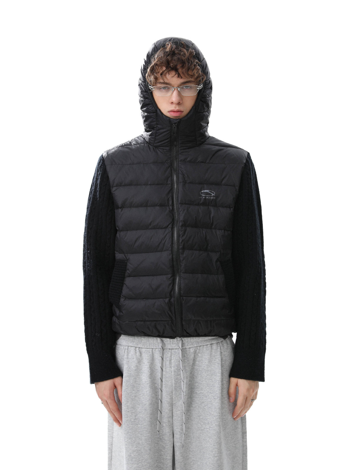 Hooded Puffer Vest Cable-Knit Sleeve Down Jacket – Retro Spliced Outerwear