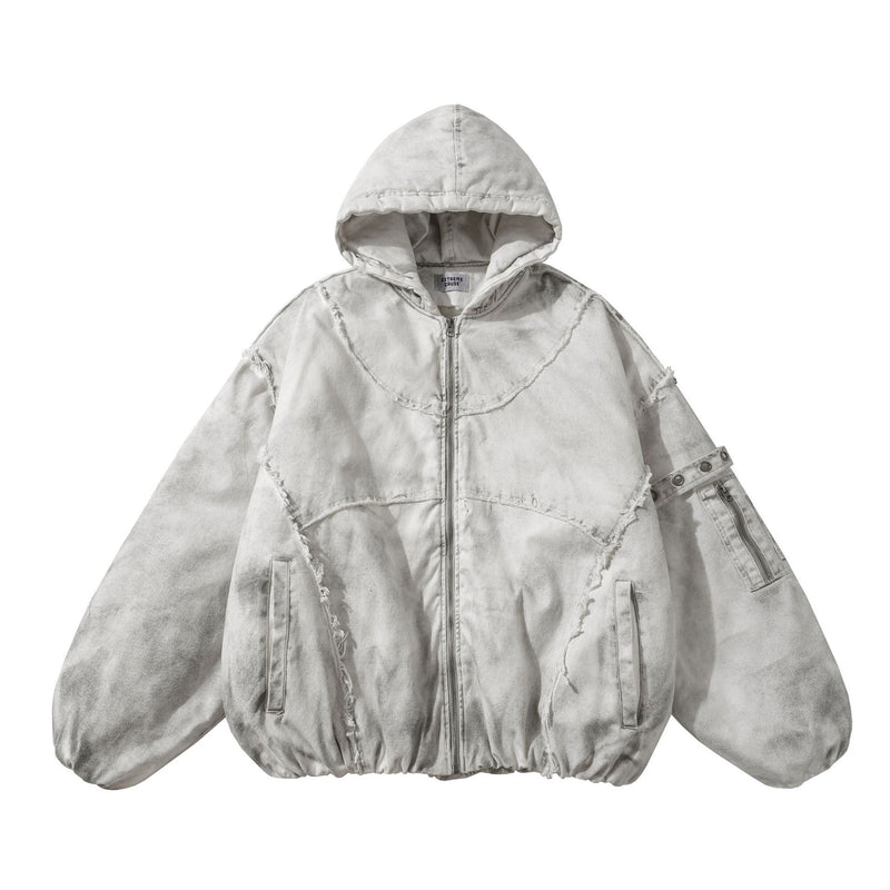 Oversized hooded puffer jacket with distressed raw-edge seams, acid-washed finish, and embroidered back logo in grey and burg