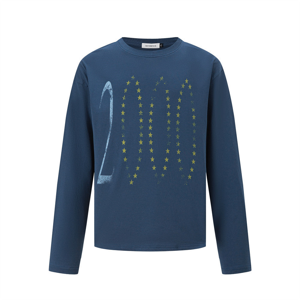 Men's long-sleeve crew neck tee with 2000 star graphic print in steel blue, off-white, and black colorways