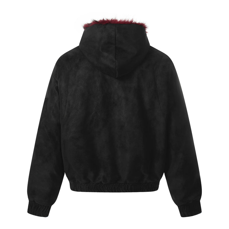 Blouson bomber à capuche bordée de fourrure – Style américain vintage doublé polaire