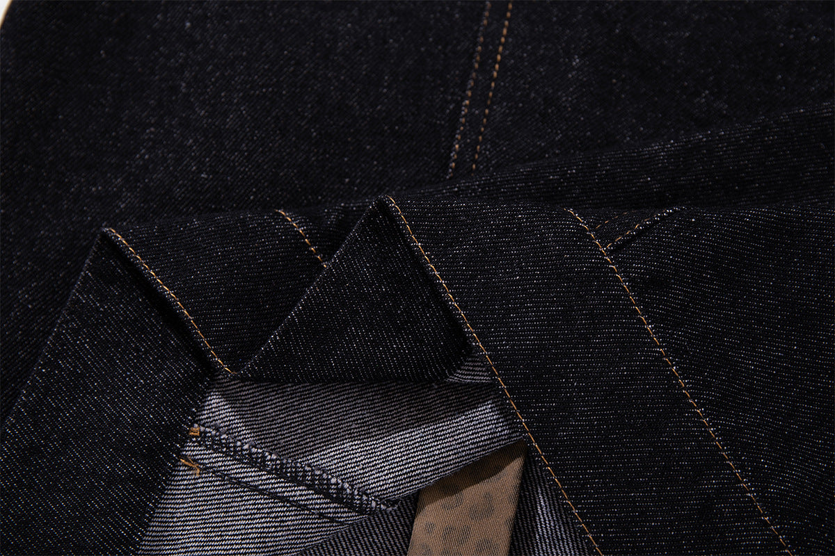 Dark Denim Boxy Jacket with Leopard Print Inset Panels