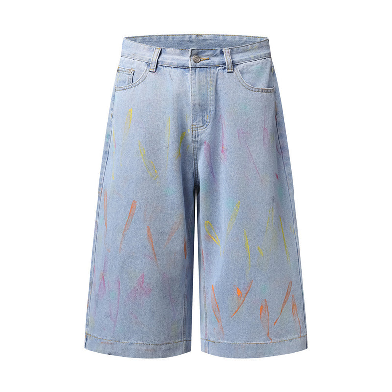 Hand-Painted Graffiti Denim Shorts – Wide-Leg Washed Jean Shorts