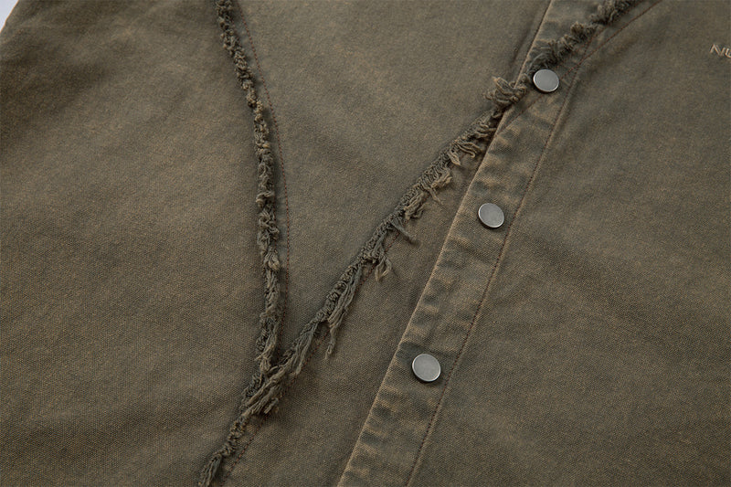 Veste-chemise en jean délavé effiloché – Surchemise patchwork déconstruite