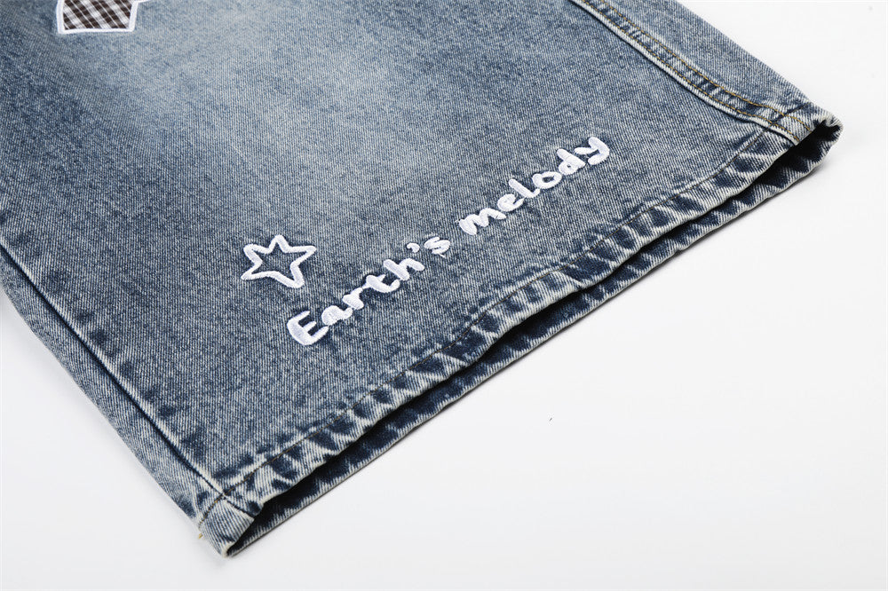 Cartoon Embroidered Wide-Leg Denim Shorts with Detachable Plaid Scarf Tie
