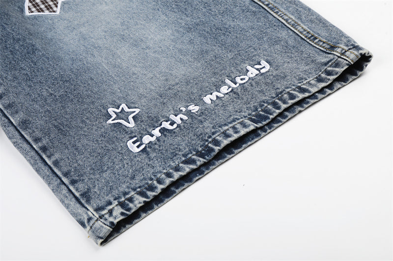 Cartoon Embroidered Wide-Leg Denim Shorts with Detachable Plaid Scarf Tie