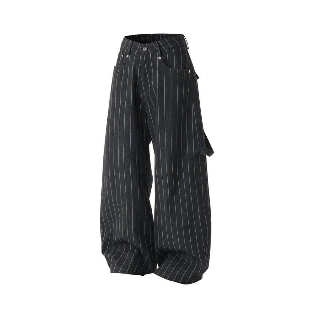 Wide-Leg Pinstripe Cargo Pants – Oversized Silhouette with Irregular Pockets