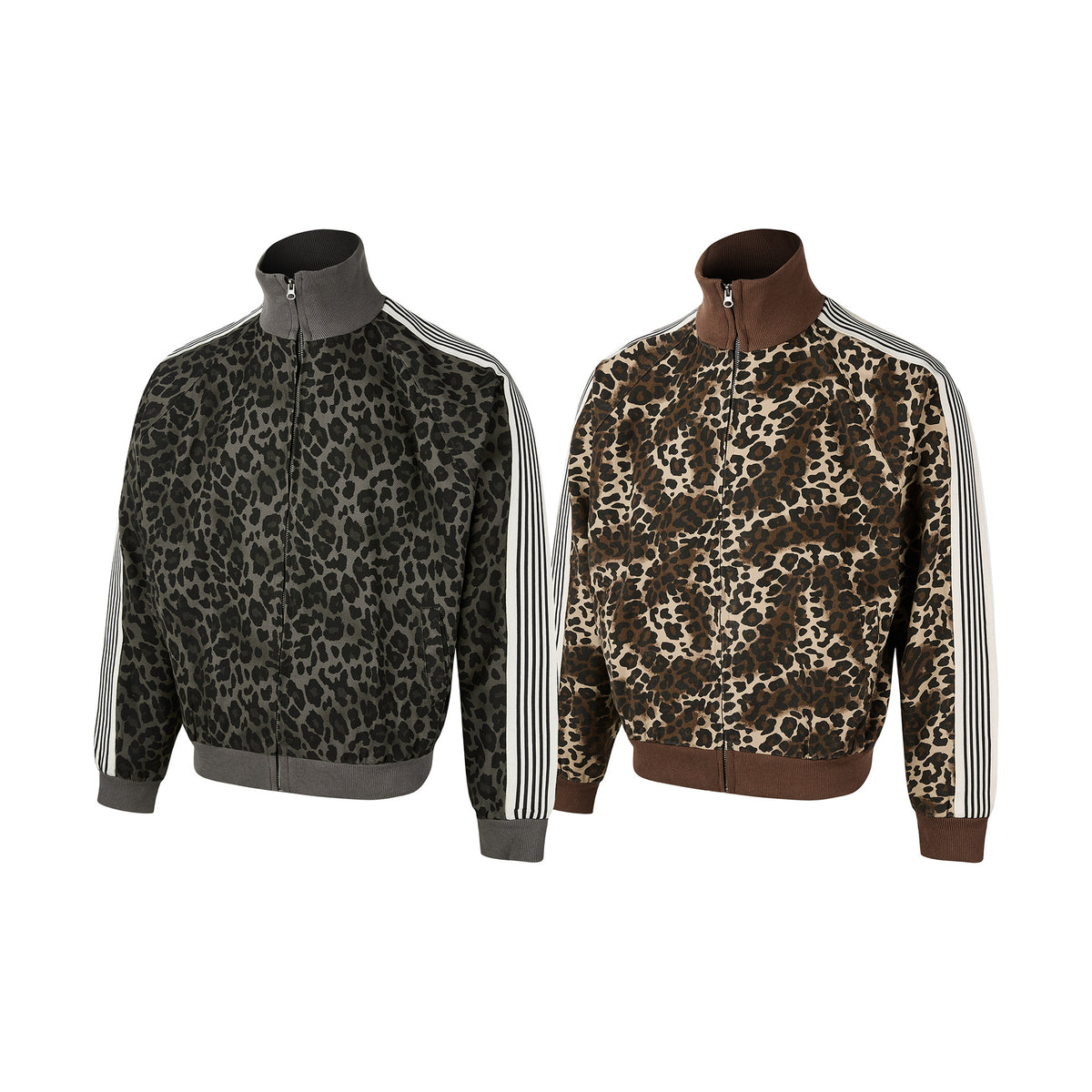 Leopard Print Track Jacket with Striped Sleeve Tape and Mock Neck Zip