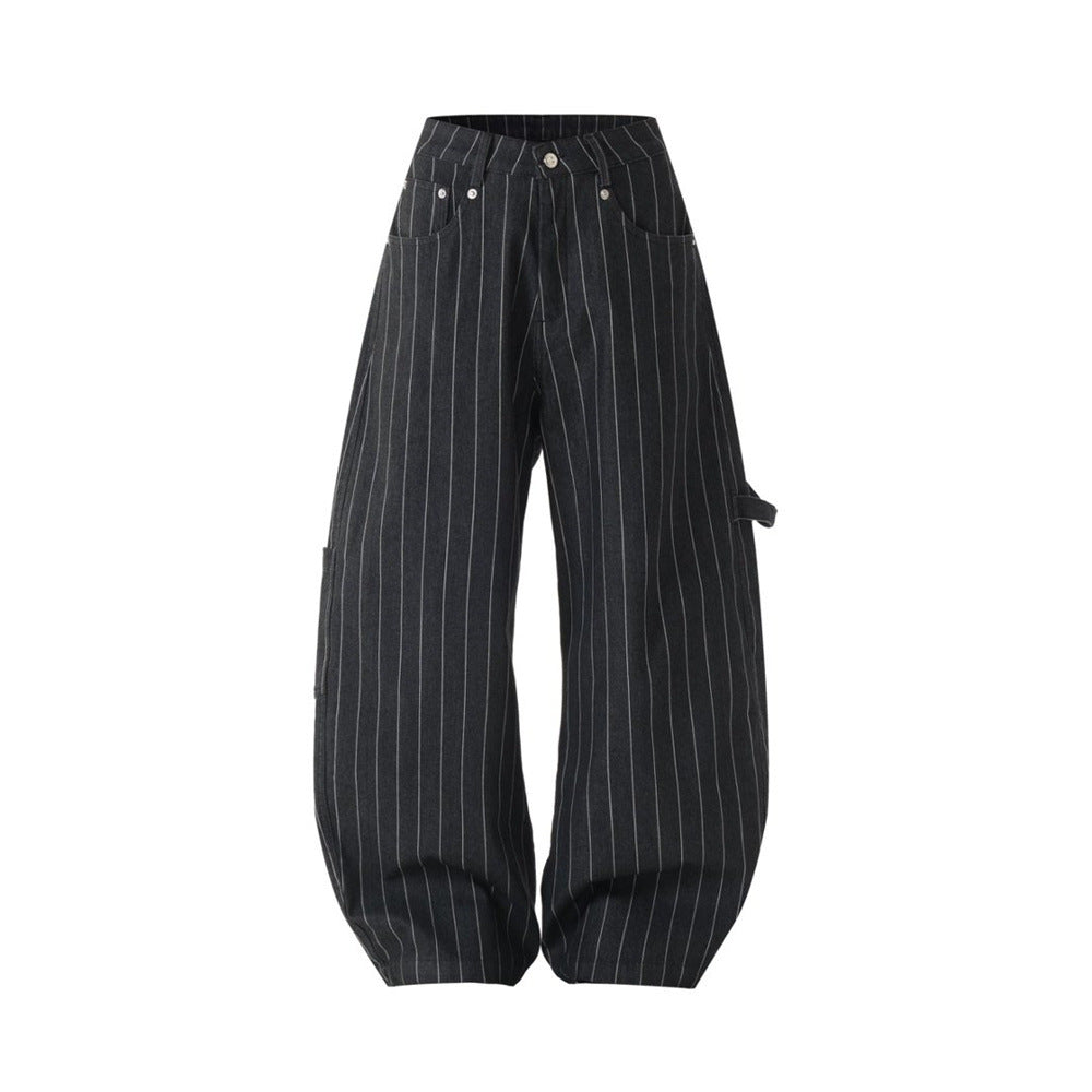 Wide-Leg Pinstripe Cargo Pants – Oversized Silhouette with Irregular Pockets