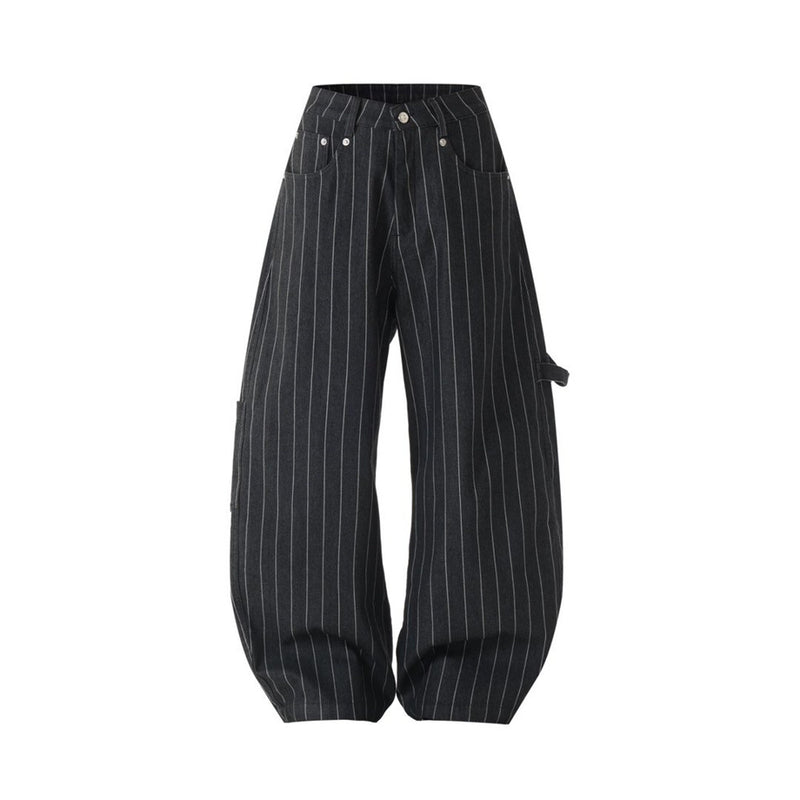 Wide-Leg Pinstripe Cargo Pants – Oversized Silhouette with Irregular Pockets
