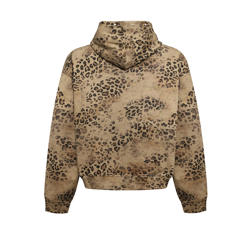 Leopard Print Zip-Up Hoodie – Vintage Distressed Rhinestone Studded Oversized