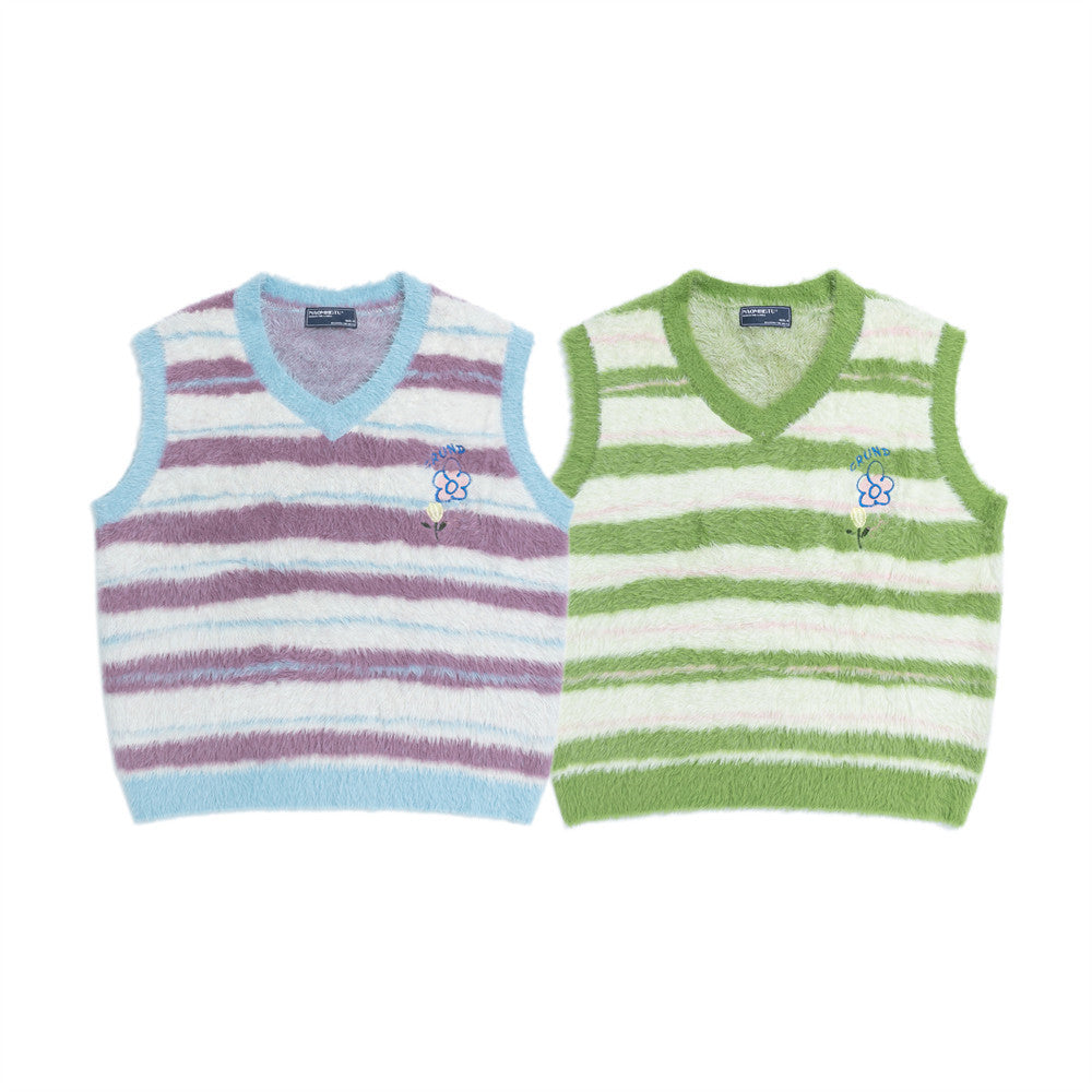 Gilet pull rayé col V – Pull sans manches en maille duveteuse